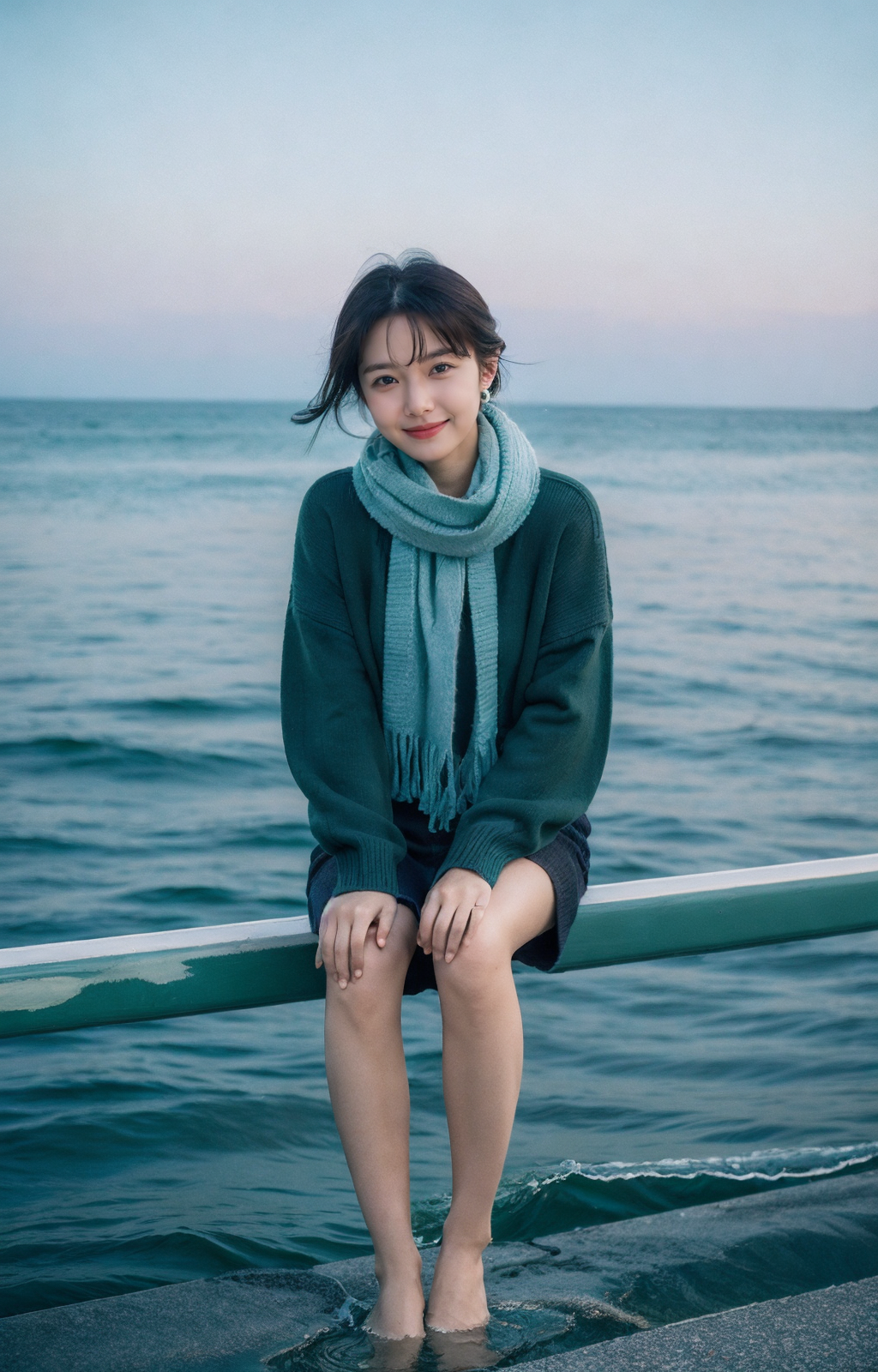00387-406775691-8K,raw,from below,1gril,solo,full body,long legs,sweater,Dark green scarf,sea,The glimmer of the sea,KODAK Ektar 100,(Film grain.png